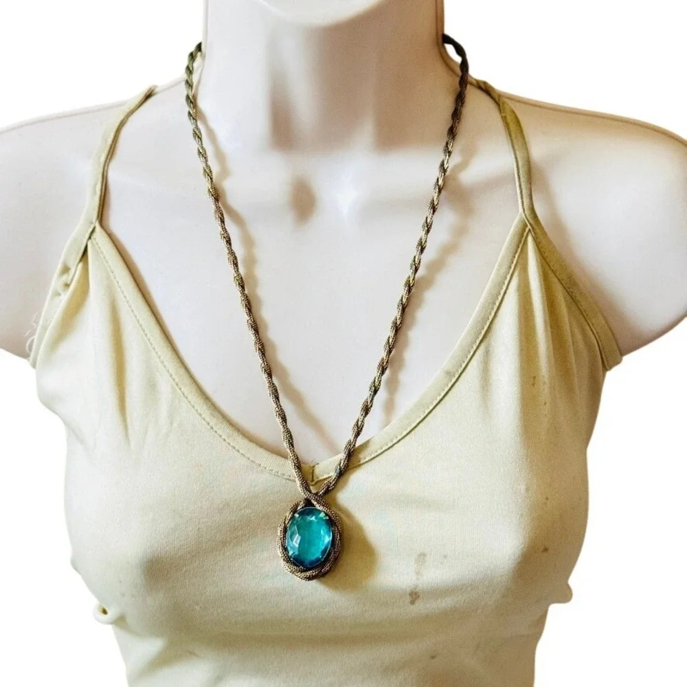 VTG Victorian style Regal necklace Aqua Blue glass Statement Mesh Braided 60s
